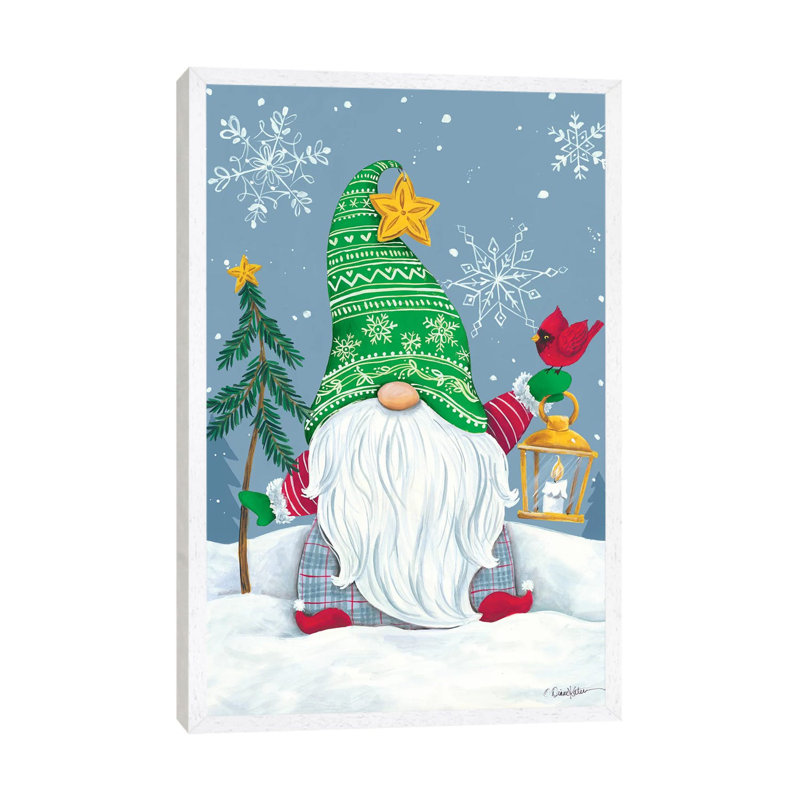 Snowy Gnome With Lantern by Diane Kater - Print on Canvas, 101.6 cm H x 66.04 cm W, White Framed