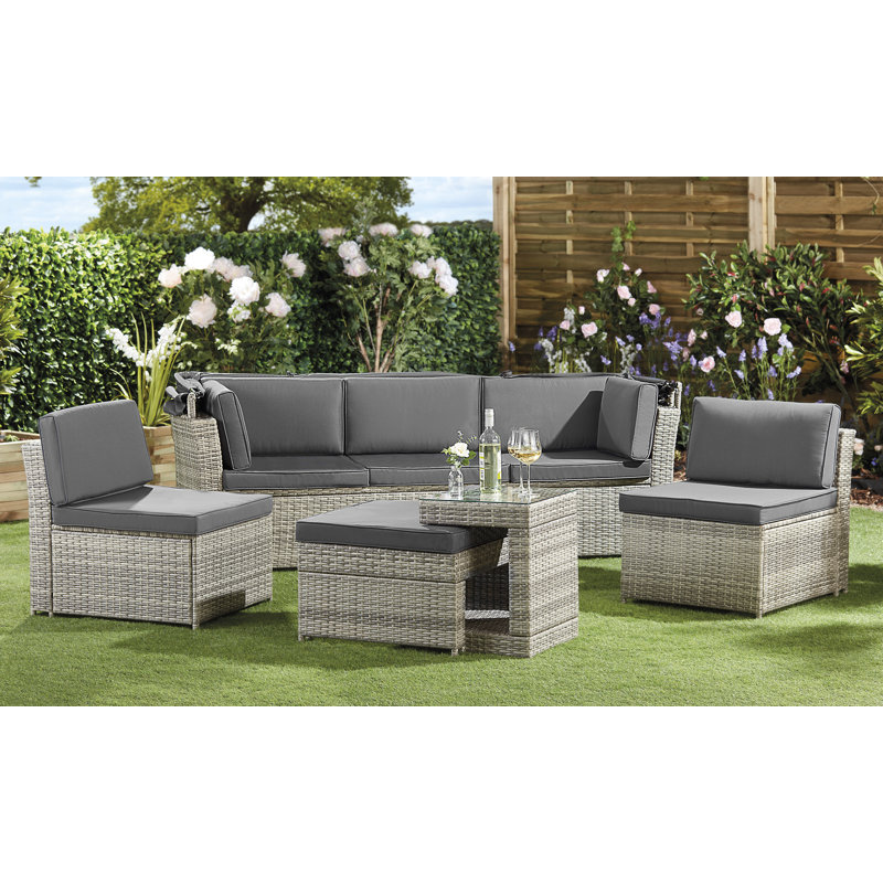 Ludwicka 208cm Wide Wicker Patio Daybed with Cushions, No, Natural/Dark Grey