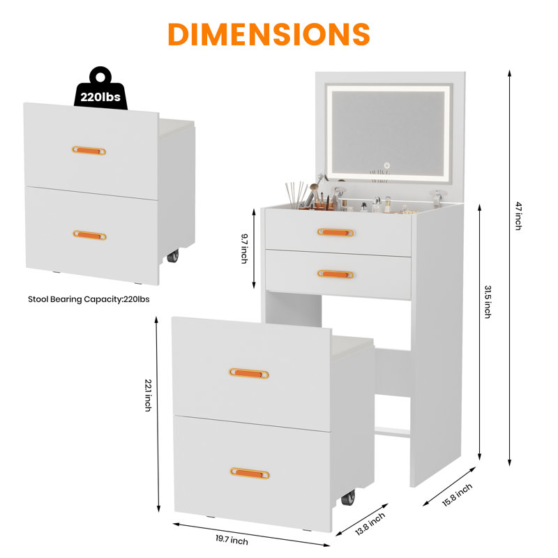 3 in 1 Vanity, Compact Vanity with 3 Drawers, Makeup Desk with Flip-up 3 Colors Lighting Mirror and Cushioned Stool, Small Vanities Nightstand for Bedroom