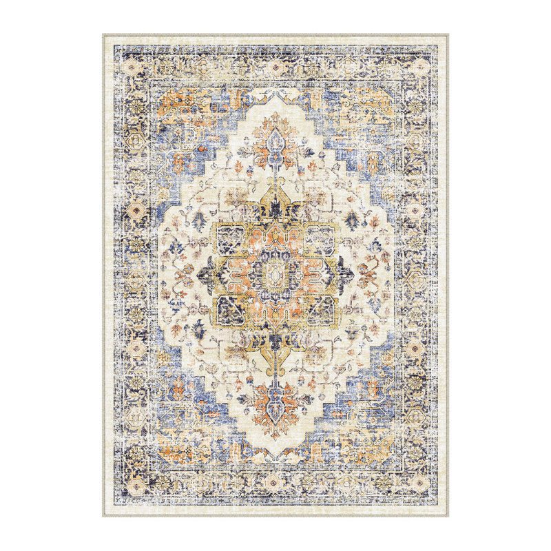 Tapis lavable en médaillon ivoire et orange 9 pi x 12 pi