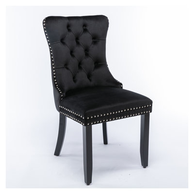 Chaise de salle à manger en velours capitonné noir A&A Furniture avec structure en bois d'hévéa massif et pieds chromés