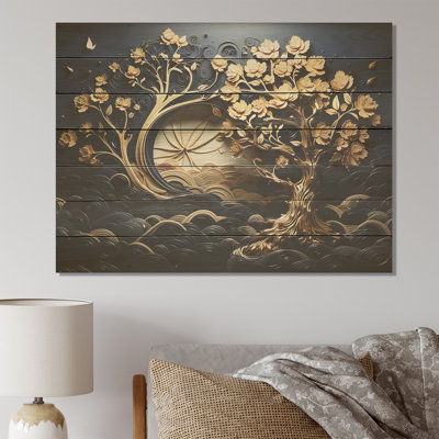Gold And Blue Coastal Ambiance II - Tree On Wood Print