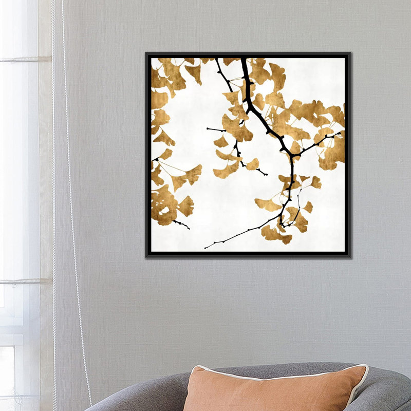 «Ginkgo in Gold II», impression sur toile, H 26 po x l 26 po x P 1,5 po, Toile avec cadre noir, Pas de tapis