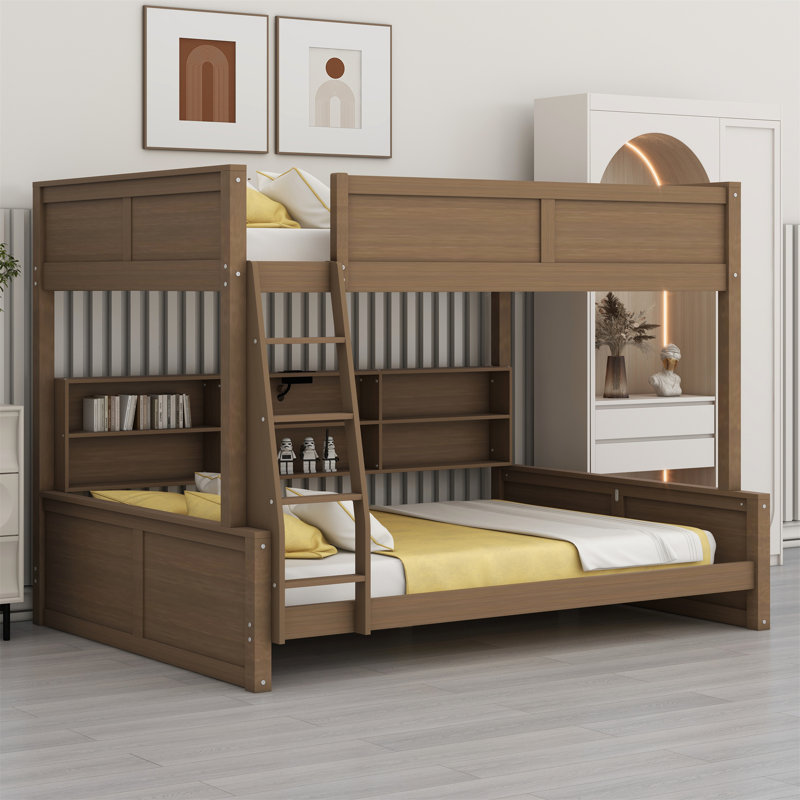 Lit superposé avec armoires de rangement et ports USB, Double TG sur grand, Bois antique