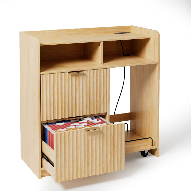 2 Drawer Wooden File Cabinet With Mobile Side Cart Wood Grain Finish Fluted Design P2 MDF & Particleboard