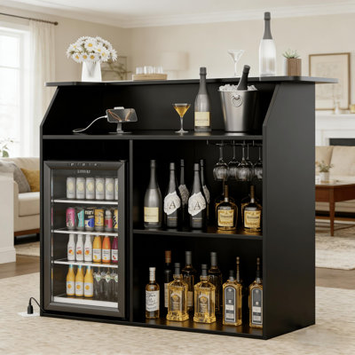 L-Shaped Mini Fridge Bar Cabinet with Built-In Power Outlets, 2-Tier Tabletop with Wine Glass Holders, Black Home Bar Cabinet with Ample Storage and USB Ports for Living Room or Kitchen