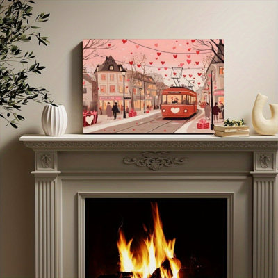 Romantic Red Heart Tram Valentine City Canvas Print - Urban Studio