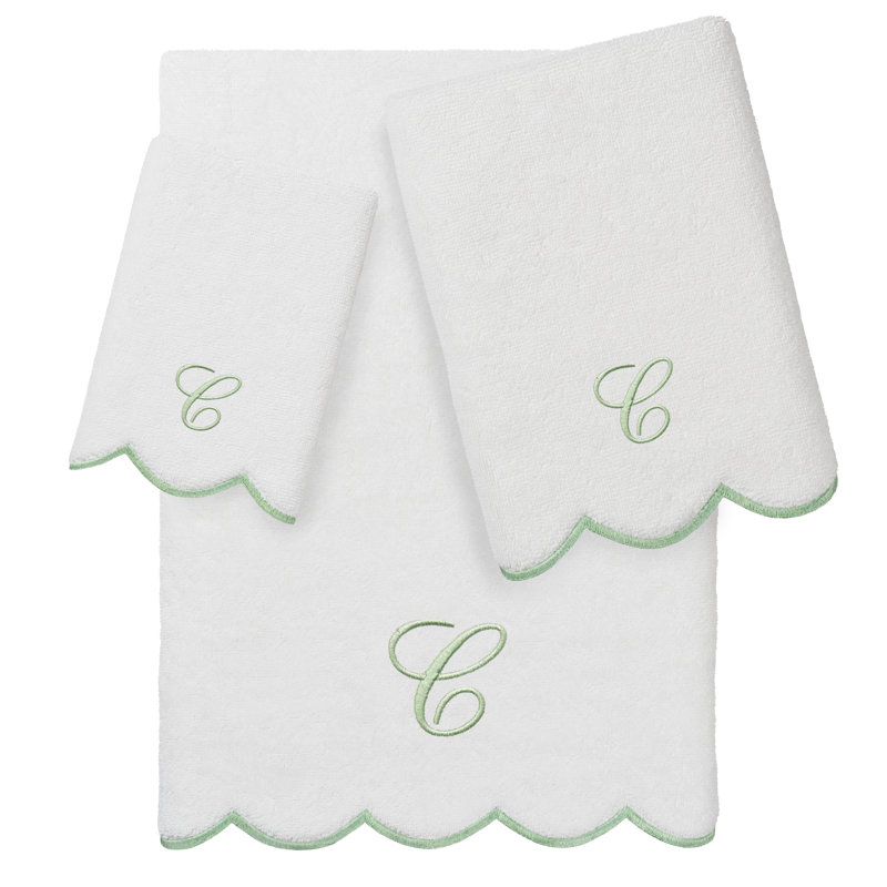  Ensemble de serviettes personnalisées 100% coton ADORNIA, C, Blanc/vert, Ensemble 3 serviettes de bain
