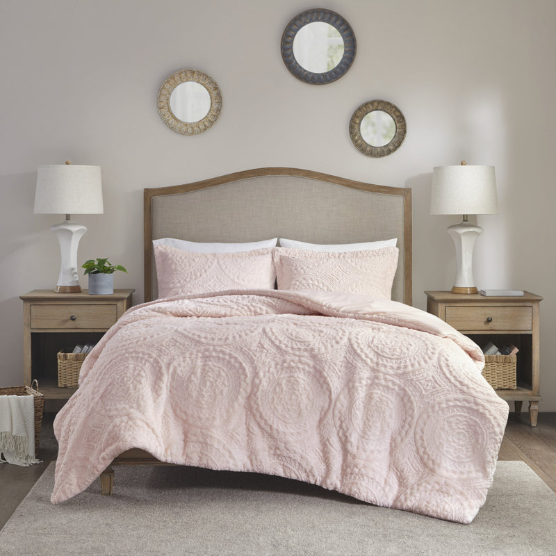 Arya Embroidered Medallion Faux Fur Ultra Plush Comforter Set, Twin Comforter + 1 Standard Sham, Blush