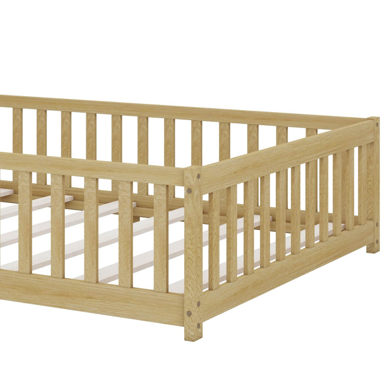 Lit de plancher avec porte, clôture à lattes et garde-corps de sécurité, Double, Naturel