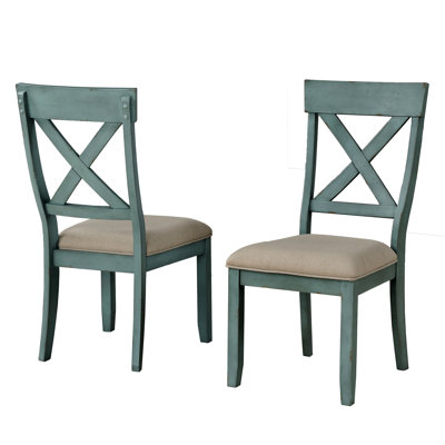 Wood Cross Back Upholstered Dining Chairs, Set Of 2