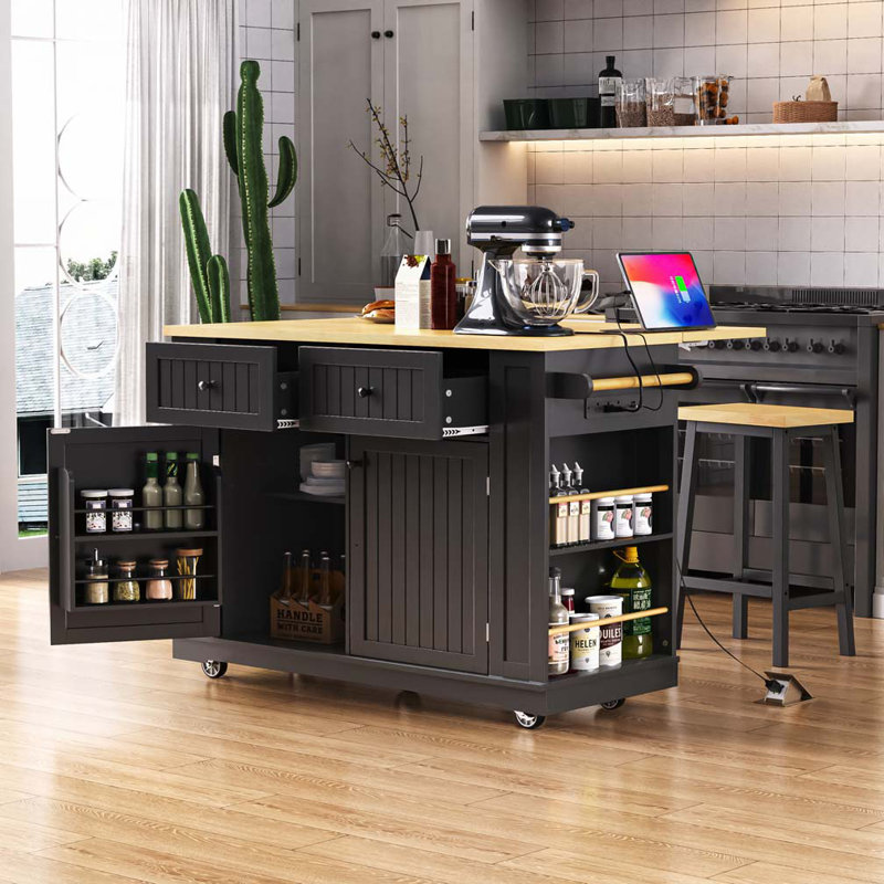 Îlot de cuisine avec abattant, prise de courant, support de rangement interne, chariot de rangement sur roulettes sur 5 roulettes avec 5 supports latéraux ouverts