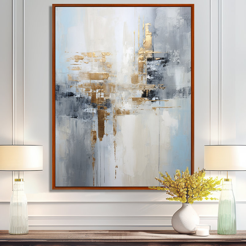 «Gold Memories On Faded Blue», art mural abstrait, Toile avec cadre flottant brun, H 44 po x l 34 po x P 1,5 po