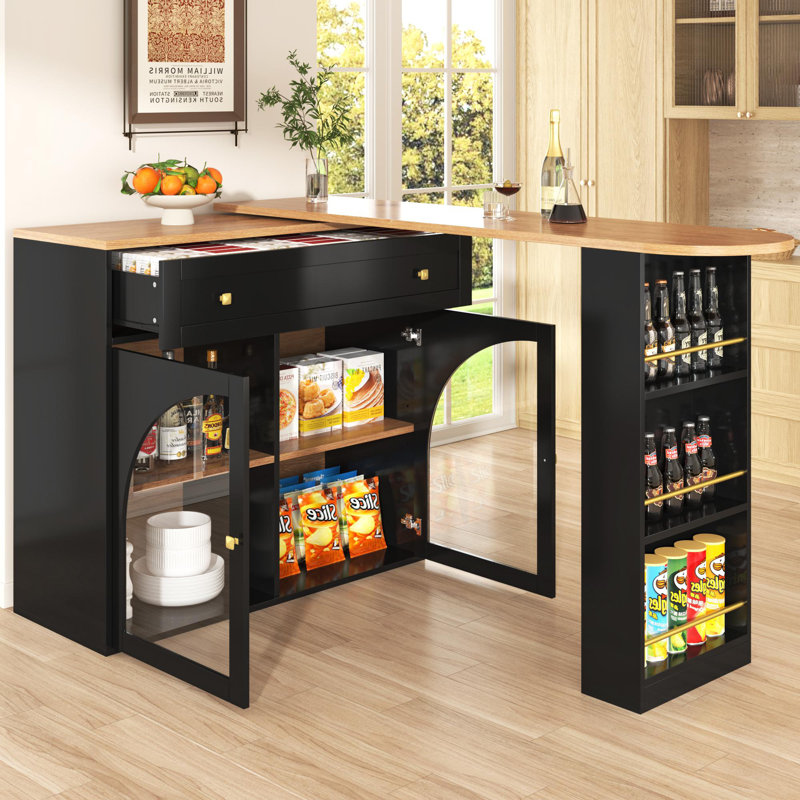 Kitchen Island With 2 Doors, 1 Drawer And Extendable Table, Black