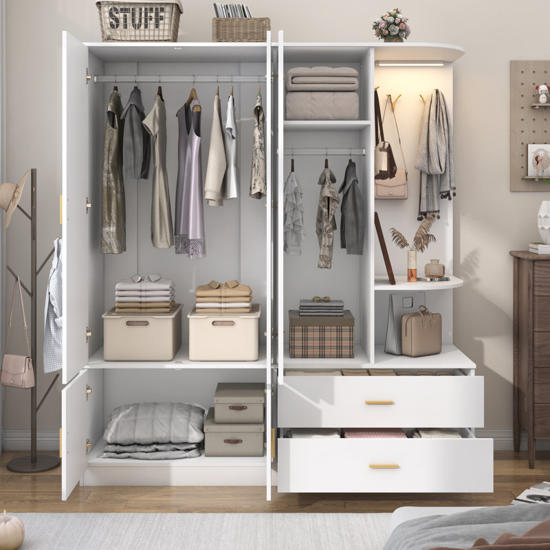 Modern Armoire Wardrobe Closet With Mirror And Sensor Light,Large Wardrobe Closet With Open Shelves, 4 Hooks, 2 Hanging Rods, 5 Doors 2 Drawers