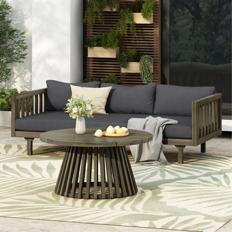 Frantz Patio Furniture Set, Outdoor Grey Finish 3 Seater Daybed(With Water Resistant Thick Cushions)And Round Coffee Table, Dark Grey Cushion