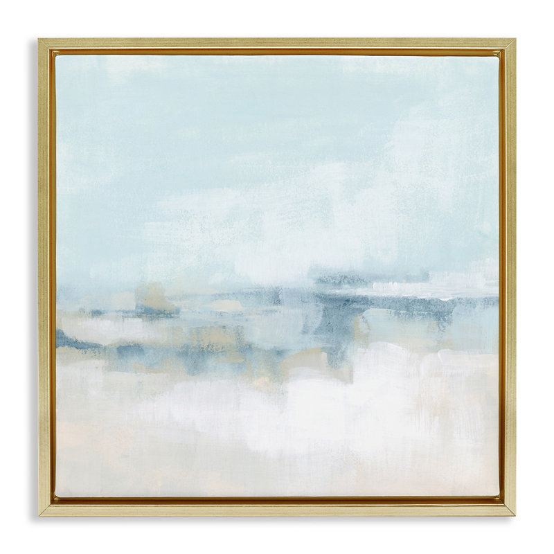 Abstrait paysage nuageux brouillard bleu, Cadre flottant métallique doré, H 25 po x l 25 po