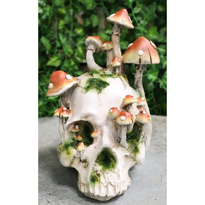 Figurine tête de mort trinx jour des morts champignon champignon et mousse, tête de squelette, alchimie macabre
