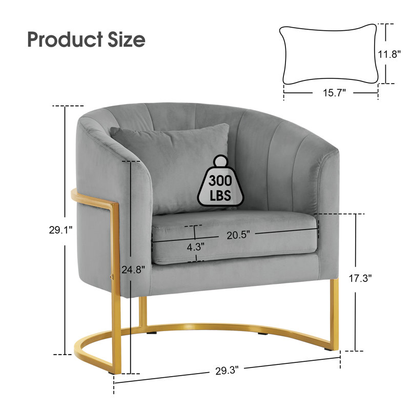 Jaquaisha Velvet Accent Barrel Chair with Pillow, Gray Velvet