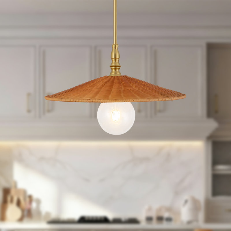 Luminaire suspendu en or brossé 18 po avec abat-jour en rotin naturel, Or brossé / rotin naturel