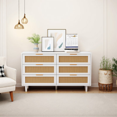 Commode 6 tiroirs multi-usages, armoire de rangement moderne avec pieds en bois