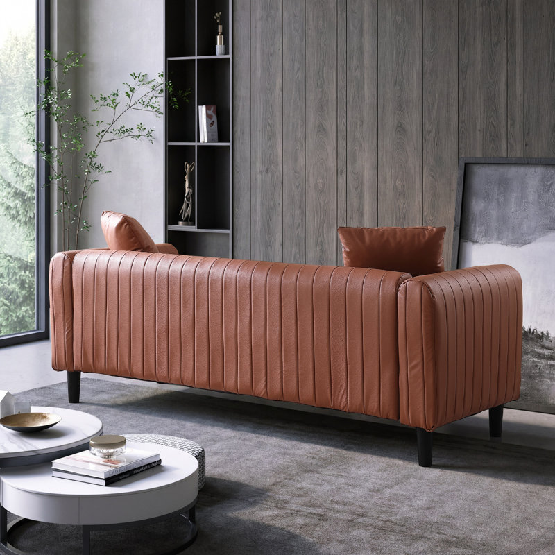 Delana 78.74" Modern Vertical Striped Leather Sofa with 2 Throw Pillows for Living Room, Reddish Brown, Reddish Brown