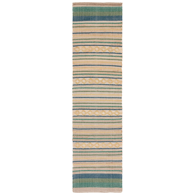 Grice Hand Woven Jute/Wool Striped Rug in Natural/Green, Runner 2'3" x 9'