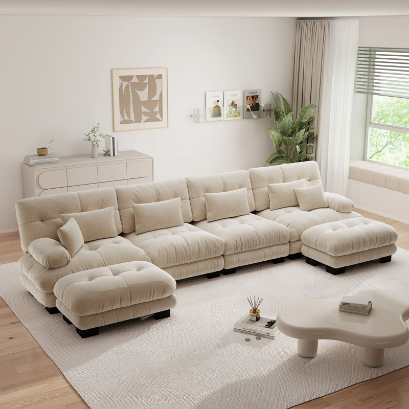 Canapé modulaire en forme de U à combinaison libre avec sièges profonds et 4 repose-pieds convertibles, chenille champagne beige