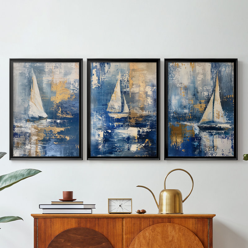 NAUTICAL Series CLXXXVI - Toile tendue avec châssis sur mesure - 3 pièces, H 21 po x l 30 po, Noir