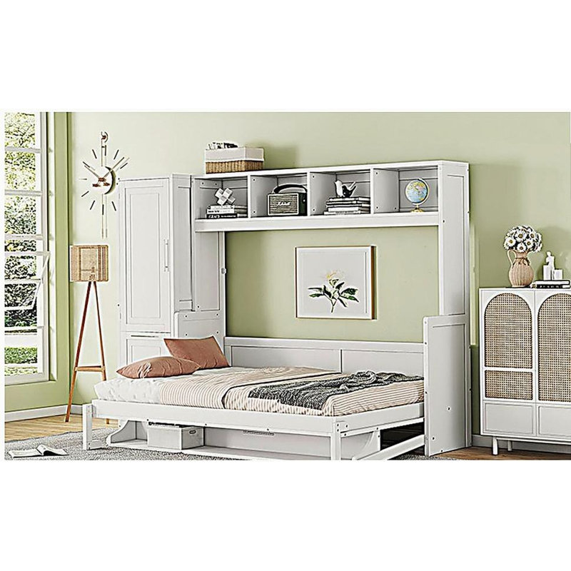 Lit escamotable double pleine grandeur avec placard et tiroirs, blanc, Blanc, Double