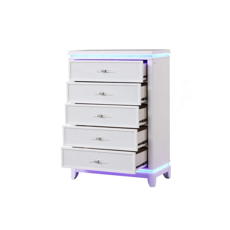 Commode 5 tiroirs de style moderne avec poignées en diamant et détails réfléchissants en bois