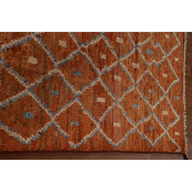 Tapis orange / bleu en laine noué à la main de conception unique 6 pi 8 po x 9 pi 10 po New Age