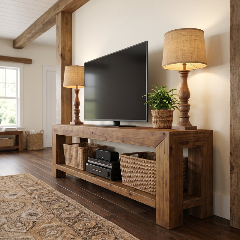 Meuble télé 63 po en bois massif pour téléviseur de 75 po ou moins avec tablettes de rangement
