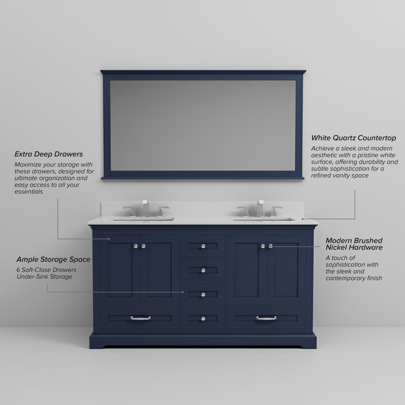 Dukes 60 in. W x 22 in. D Double Bath Vanity, and 58 in. Mirror, White Cultured Marble, Navy Blue