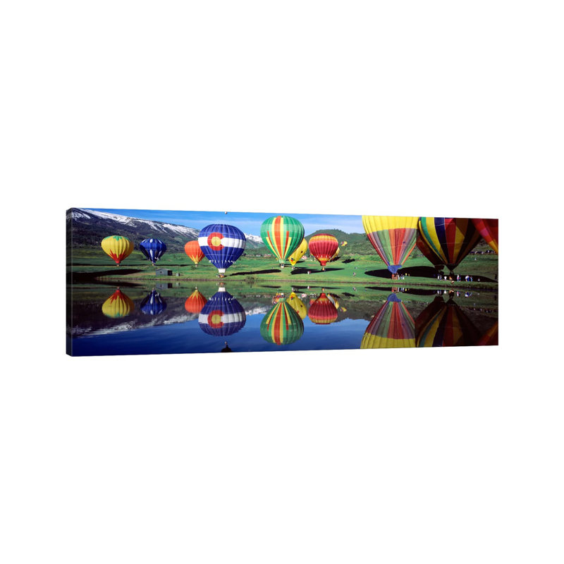 Reflection Of Hot Air Balloons On Water, Colorado, USA 1 Piece Wrapped Canvas Panoramic Wall Art
