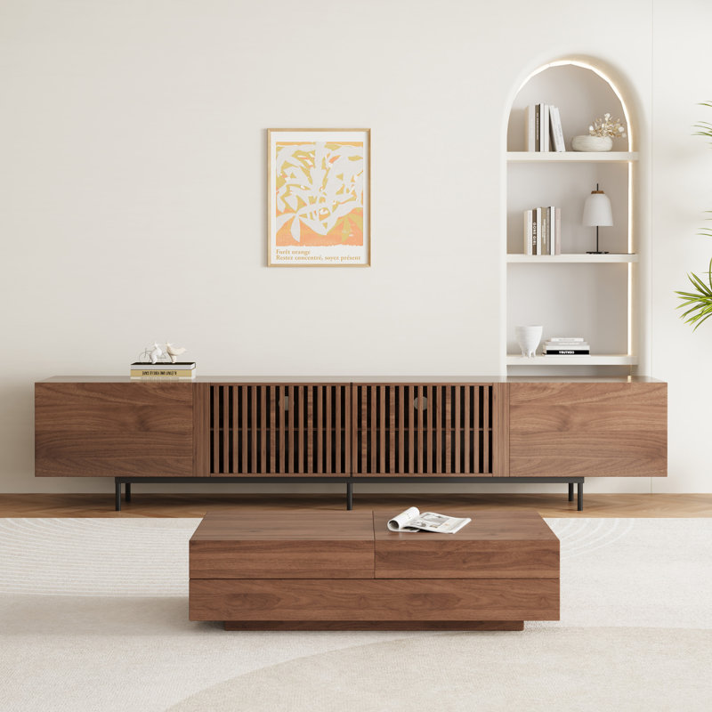 Meuble télé 94,48 po avec portes à lattes, meuble télé extra-long pour téléviseur de 100 po ou moins, console multimédia avec armoires de rangement et tablettes pour le salon
