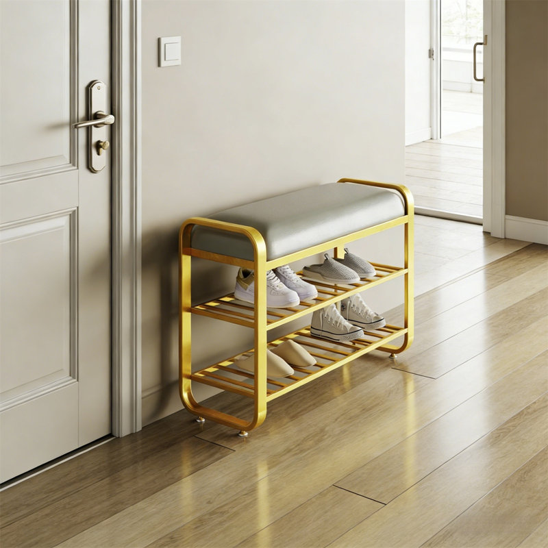 Organisateur de vestibule moderne avec coussin et support de rangement, Doré, H 20,4 po x 20,4 po x P 12,5 po