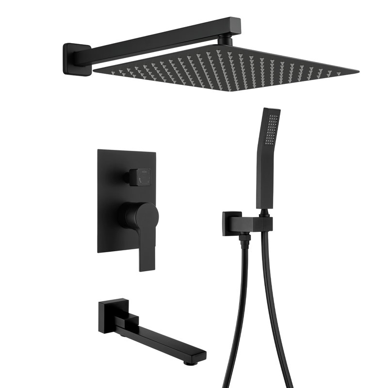 Système de douche à pluie de 12 pouces avec valve brute Topcraft, Noir mat