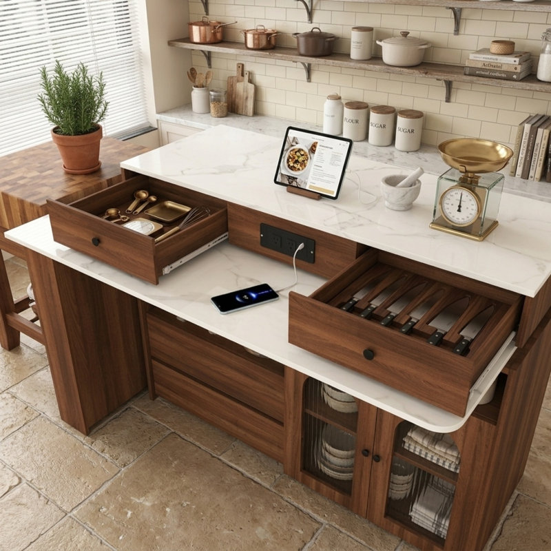 Îlot de cuisine rétro en placage de noyer avec plateau rotatif extensible, 4 tiroirs, armoires à porte vitrée et douille intégrée pour 2 à 4 personnes