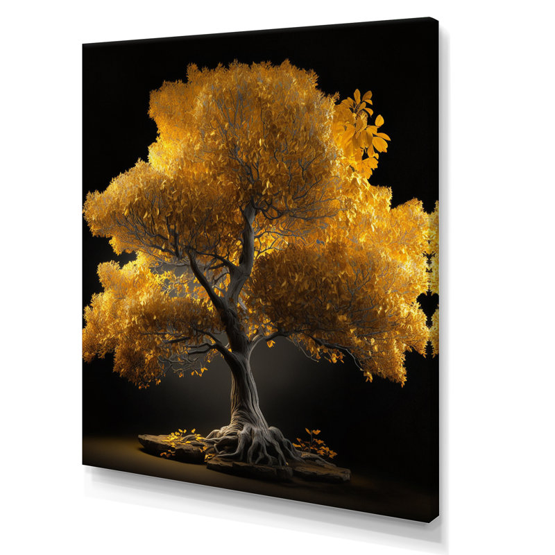 Arbre d'or jaune majestueux sur toile, Toile tendue, H 32 po x l 16 po x P 1 po