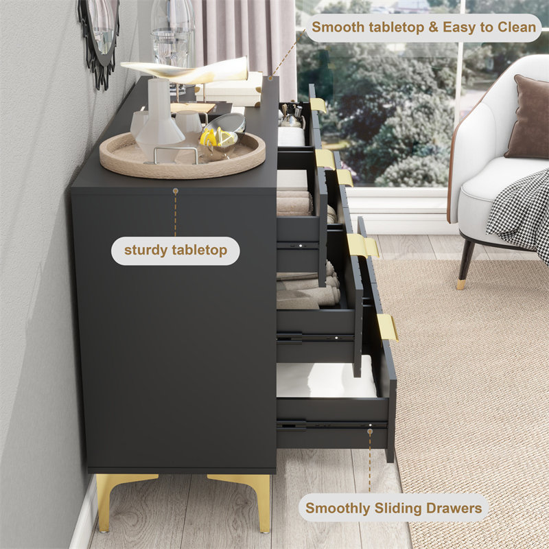 Black Modern 47" 6-Drawer Dresser with Gold Metal Handles