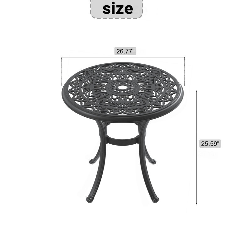 Table de salle à manger en aluminium coulé 26,77 pouces avec structure noire et trou pour parasol