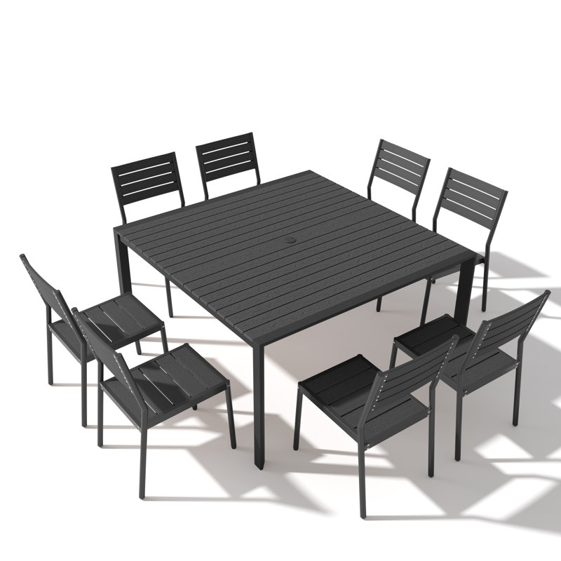 Ensemble repas pour 8 personnes en aluminium avec chaises empilables et trou pour parasol, Noir
