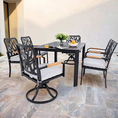7 meubles de patio en aluminium pour l'extérieur: 4 chaises de salle à manger et 2 chaises berçantes pivotantes, coussins, meubles d'assurance de la qualité - 7 pièces avec table fonctionnelle
