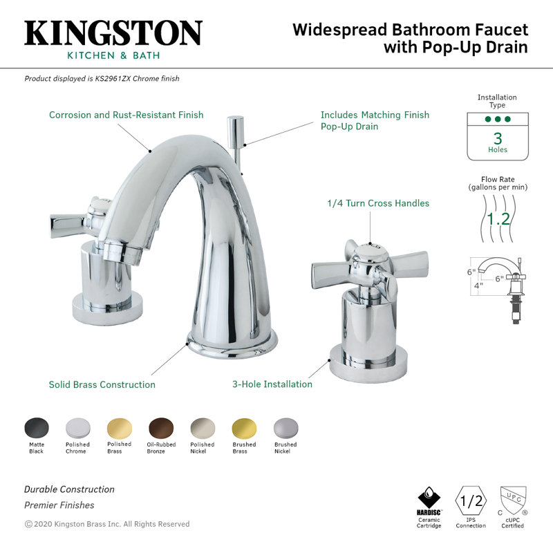 Robinet de salle de bain espacé à deux poignées à 3 poignées avec bonde escamotable en laiton Kingston
