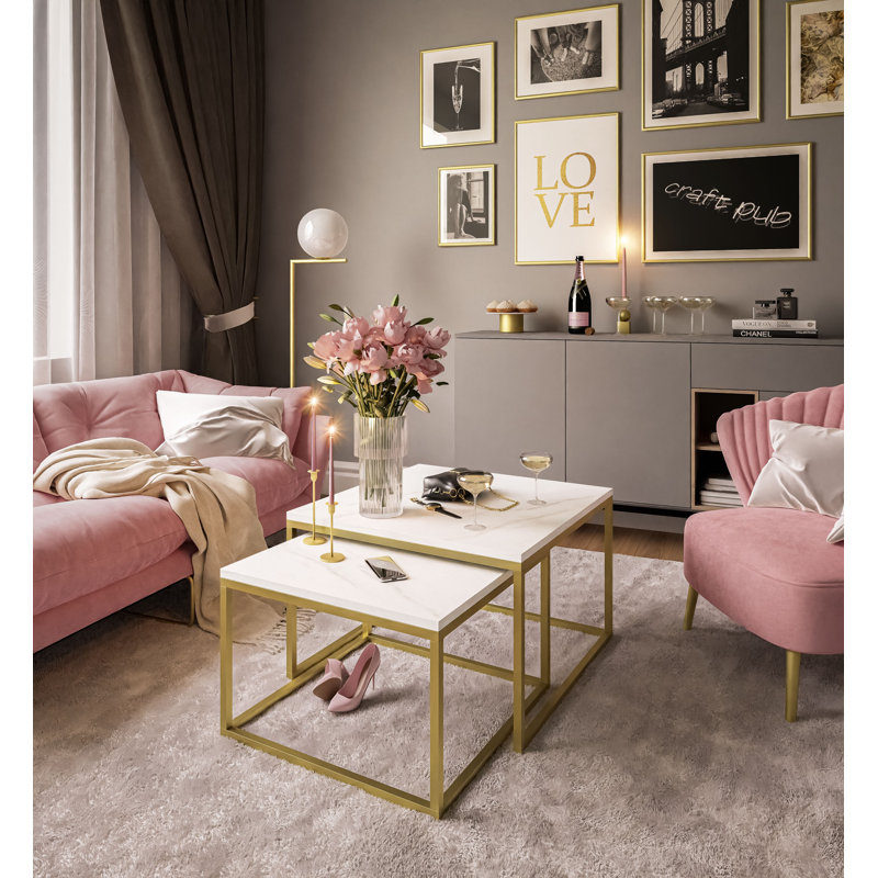 2-piece coffee table set Ahlers, 46cm H x 70cm L x 70cm W, White/Yellow