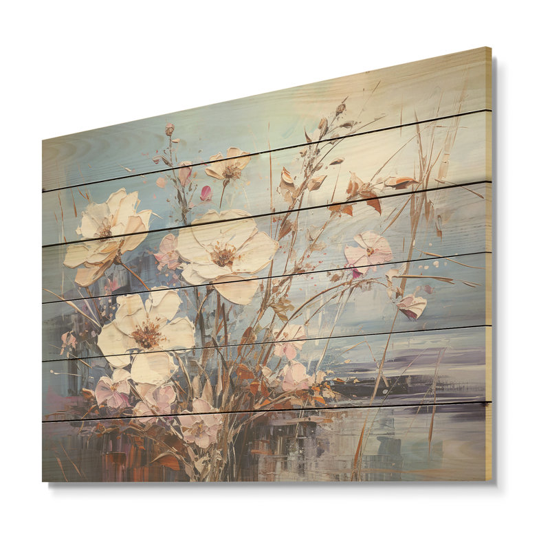 Fleurs blanches et bleues de coquelicots rêveurs - Art mural en bois sur bois de pin naturel, H 24 po x l 32 po