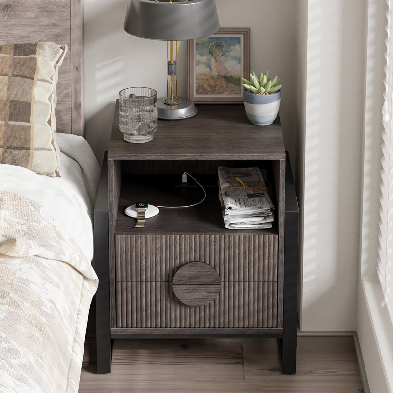 Armeria Mid-Century Fluted 2-Drawer Nightstand With USB Charging Ports