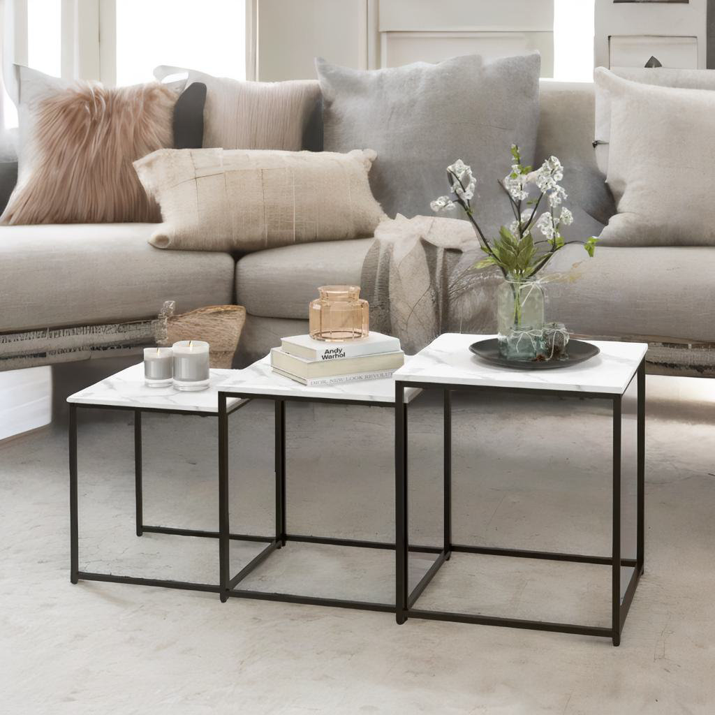 Anashe 3PC Square Nesting Tables Marble Effect