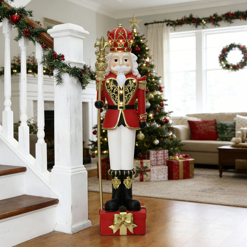 Statue de soldat Casse-Noisette traditionnelle de 1,20 m avec sceptre sur socle en boîte-cadeau, décoration de Noël en oxyde de magnésium préilluminée
